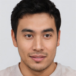 Neutral asian young-adult male with short  black hair and brown eyes