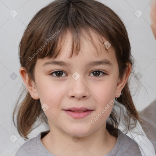 Joyful white child female with medium  brown hair and brown eyes