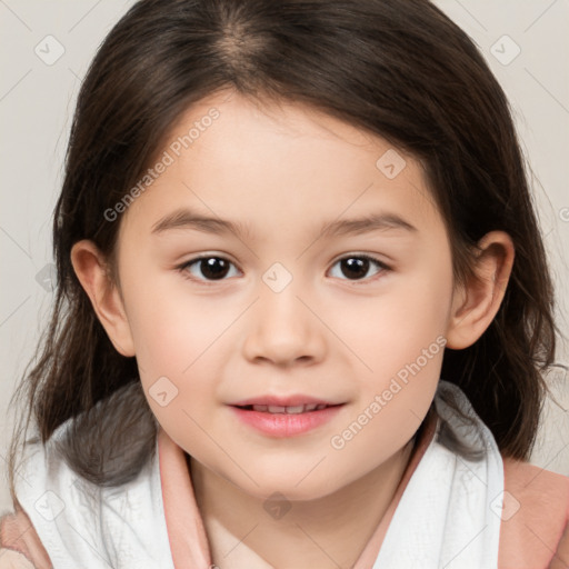 Joyful white child female with medium  brown hair and brown eyes