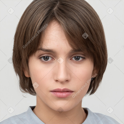 Neutral white young-adult female with medium  brown hair and grey eyes