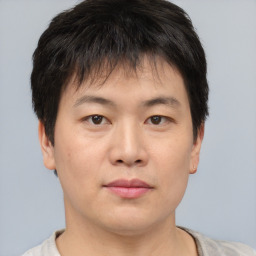 Neutral asian young-adult male with short  brown hair and brown eyes