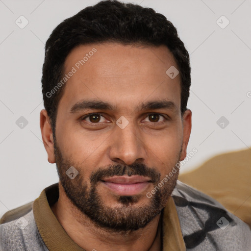 Joyful white young-adult male with short  black hair and brown eyes