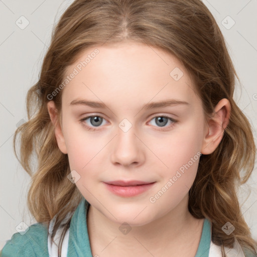 Joyful white child female with medium  brown hair and grey eyes