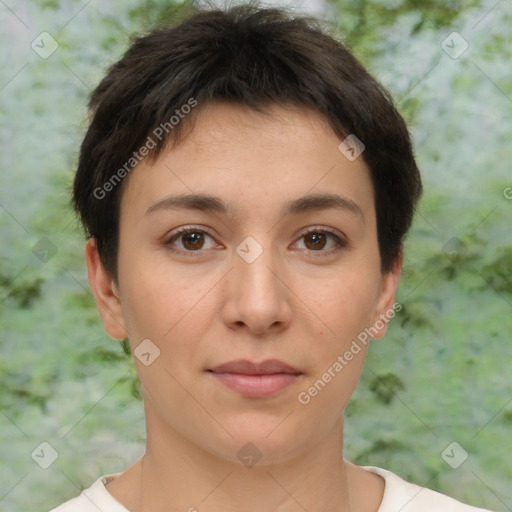 Neutral white young-adult female with short  brown hair and brown eyes