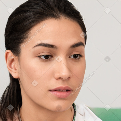 Neutral white young-adult female with medium  brown hair and brown eyes