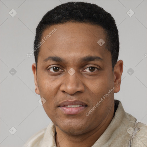 Joyful black young-adult male with short  black hair and brown eyes