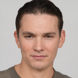 Neutral white young-adult male with short  brown hair and grey eyes