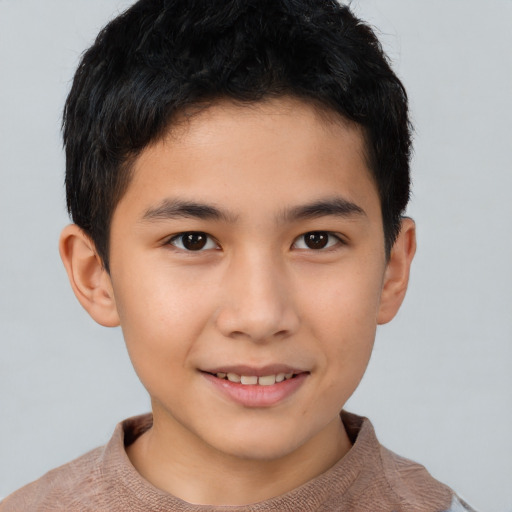 Joyful asian child male with short  brown hair and brown eyes
