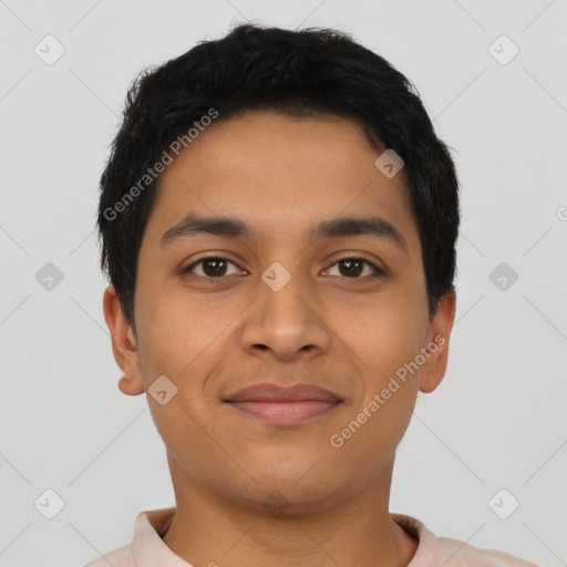 Joyful latino young-adult male with short  black hair and brown eyes