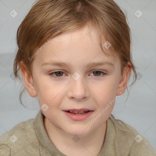 Joyful white child female with medium  brown hair and brown eyes