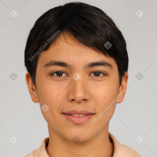 Joyful asian young-adult male with short  brown hair and brown eyes