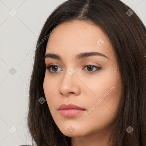 Neutral white young-adult female with long  brown hair and brown eyes