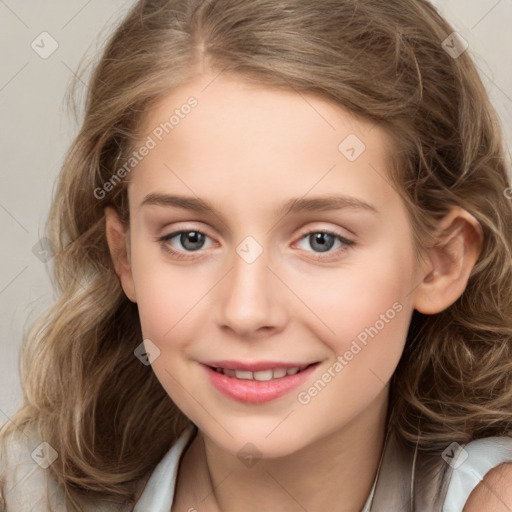 Joyful white child female with medium  brown hair and brown eyes