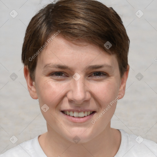 Joyful white young-adult female with short  brown hair and grey eyes