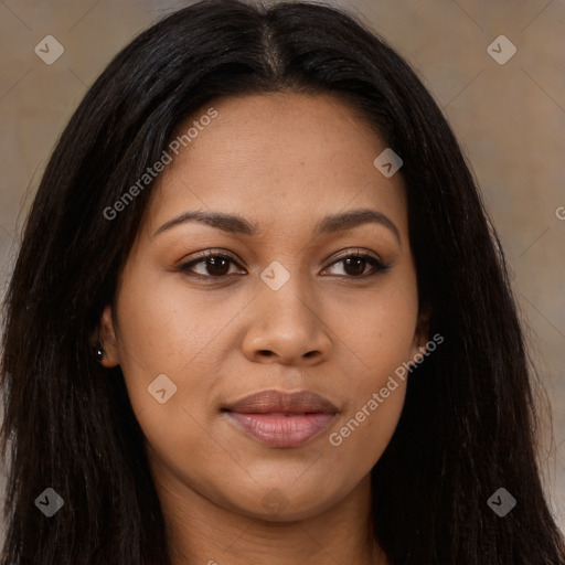 Joyful latino young-adult female with long  brown hair and brown eyes