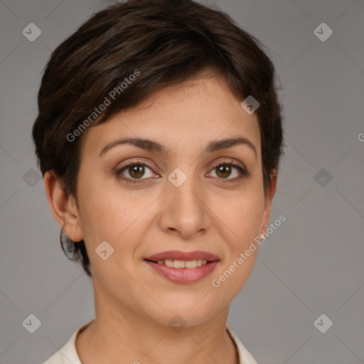 Joyful white young-adult female with short  brown hair and brown eyes