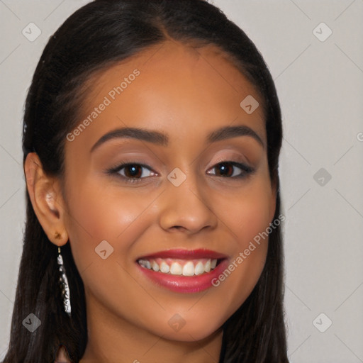 Joyful latino young-adult female with long  brown hair and brown eyes