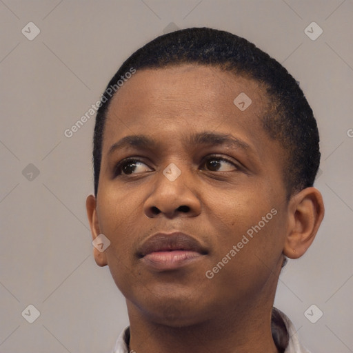 Neutral black young-adult male with short  black hair and brown eyes