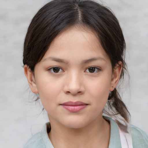 Joyful asian child female with medium  brown hair and brown eyes