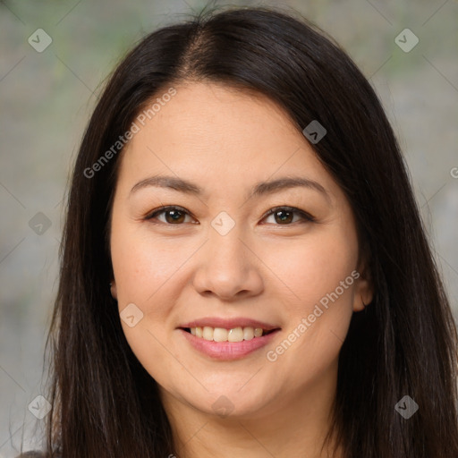 Joyful white young-adult female with long  brown hair and brown eyes