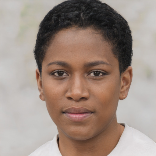 Neutral black young-adult female with short  black hair and brown eyes