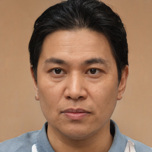 Joyful asian adult male with short  brown hair and brown eyes