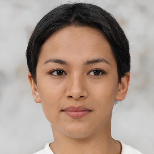 Neutral asian young-adult female with short  black hair and brown eyes
