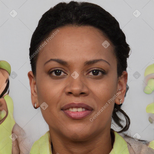 Joyful latino young-adult female with short  brown hair and brown eyes