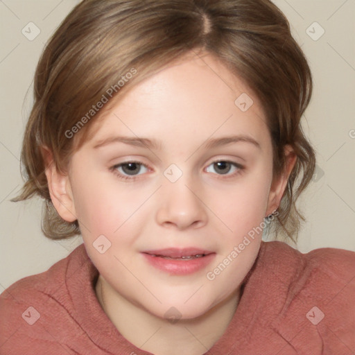 Joyful white child female with medium  brown hair and brown eyes