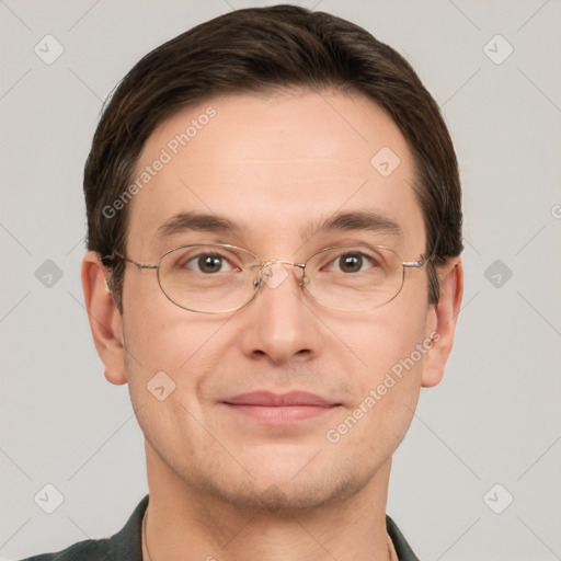 Joyful white adult male with short  brown hair and grey eyes