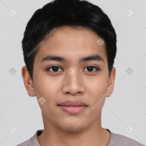 Joyful latino young-adult male with short  black hair and brown eyes