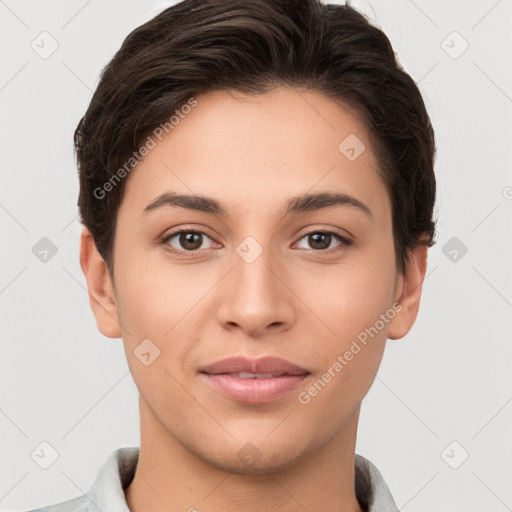 Joyful white young-adult female with short  brown hair and brown eyes