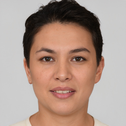 Joyful white young-adult female with short  brown hair and brown eyes