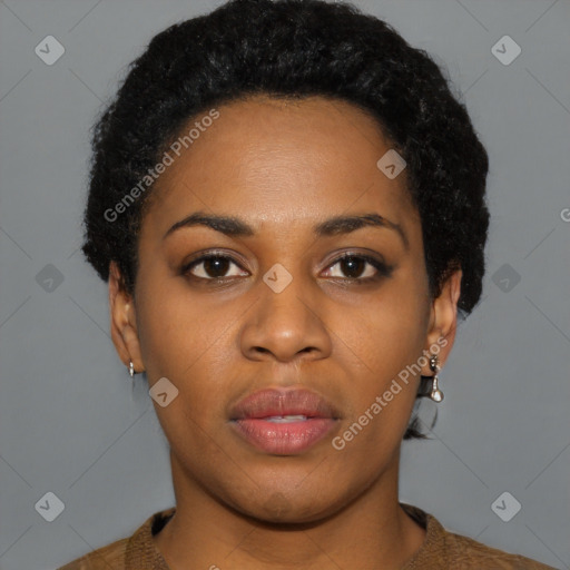 Neutral black young-adult female with short  black hair and brown eyes