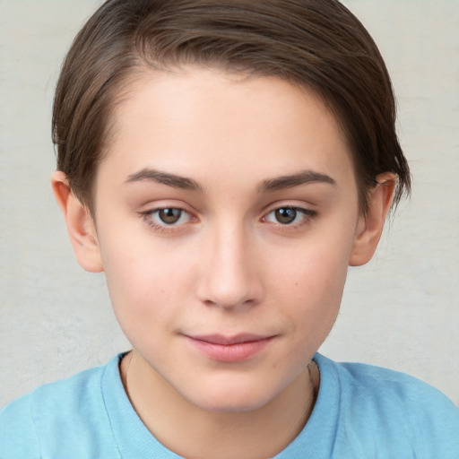 Neutral white young-adult female with short  brown hair and brown eyes