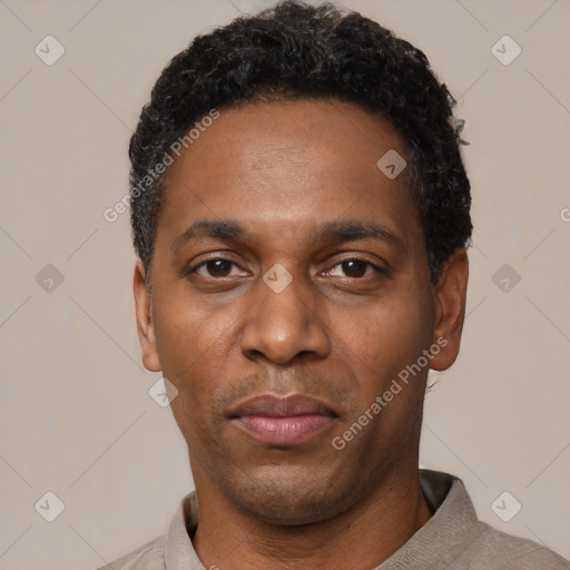 Neutral black adult male with short  black hair and brown eyes