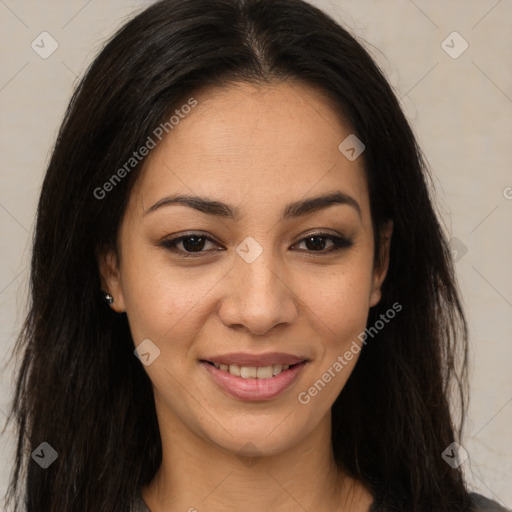 Joyful latino young-adult female with long  brown hair and brown eyes