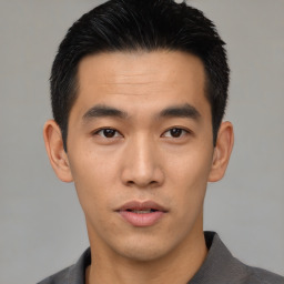 Neutral asian young-adult male with short  black hair and brown eyes