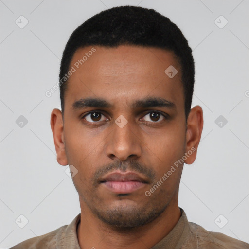 Neutral latino young-adult male with short  black hair and brown eyes