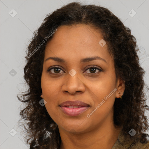 Joyful black young-adult female with medium  brown hair and brown eyes