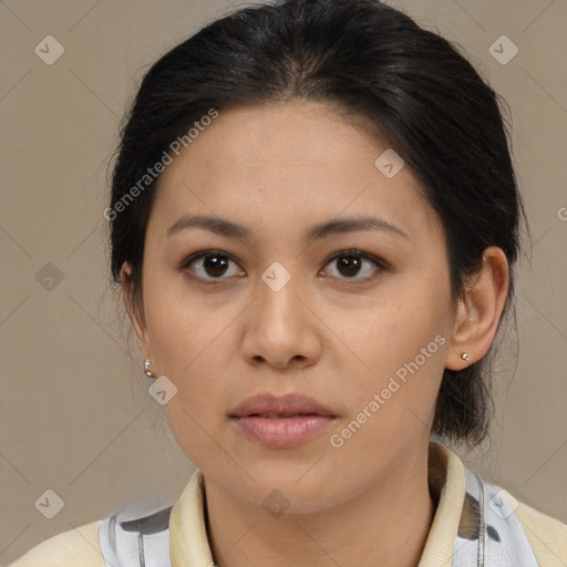 Neutral latino young-adult female with medium  brown hair and brown eyes