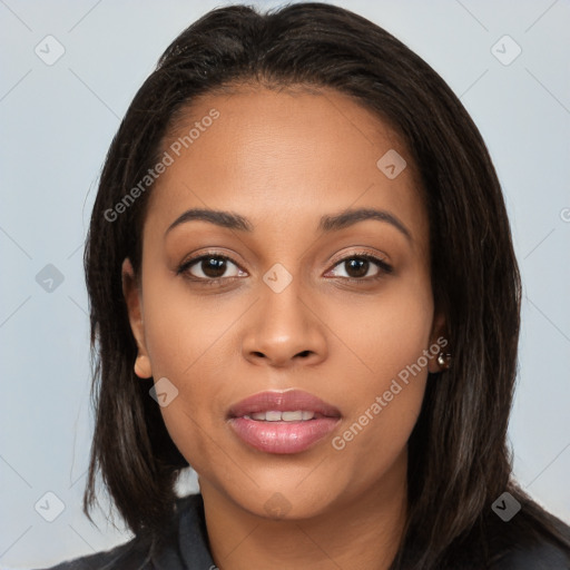 Joyful white young-adult female with long  brown hair and brown eyes