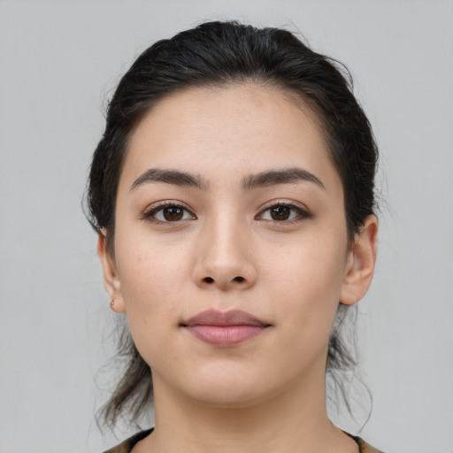 Neutral white young-adult female with medium  brown hair and brown eyes