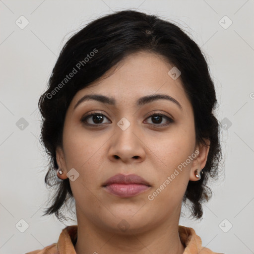 Neutral asian young-adult female with medium  brown hair and brown eyes