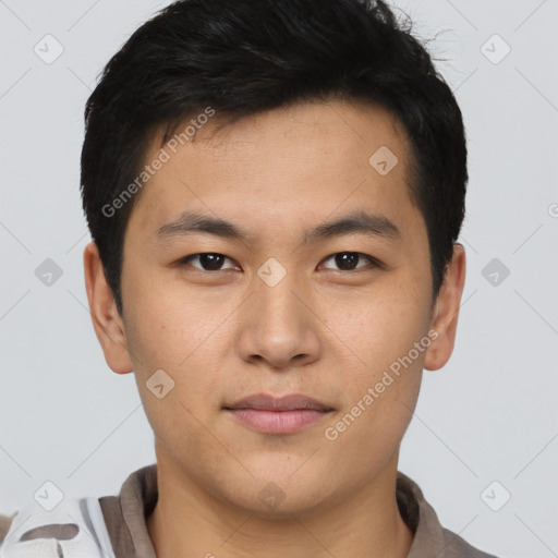 Neutral asian young-adult male with short  brown hair and brown eyes