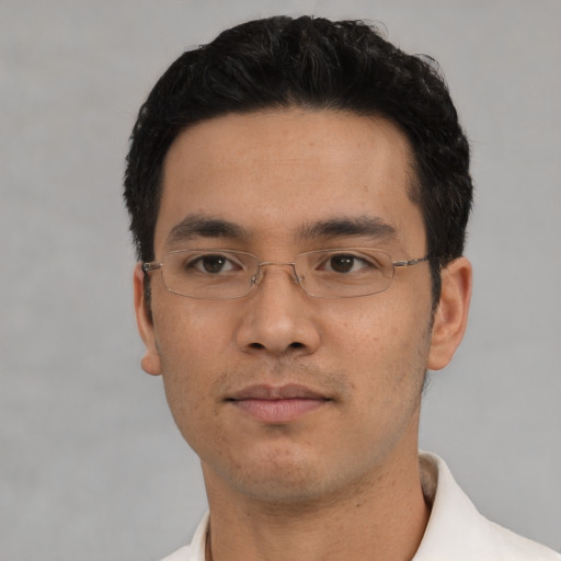 Neutral asian young-adult male with short  black hair and brown eyes