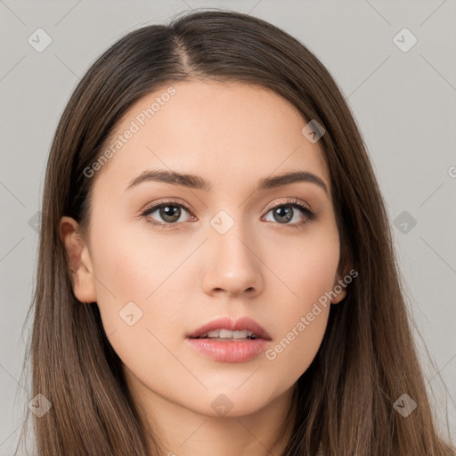 Neutral white young-adult female with long  brown hair and brown eyes