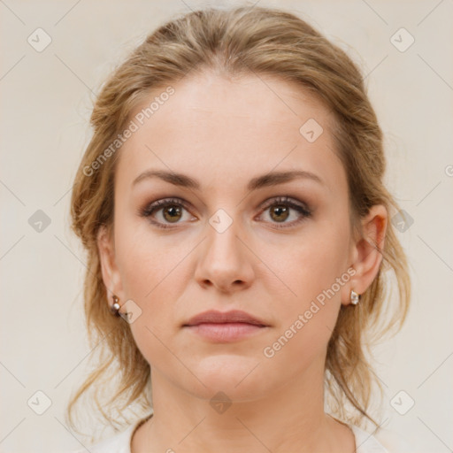 Neutral white young-adult female with medium  brown hair and brown eyes