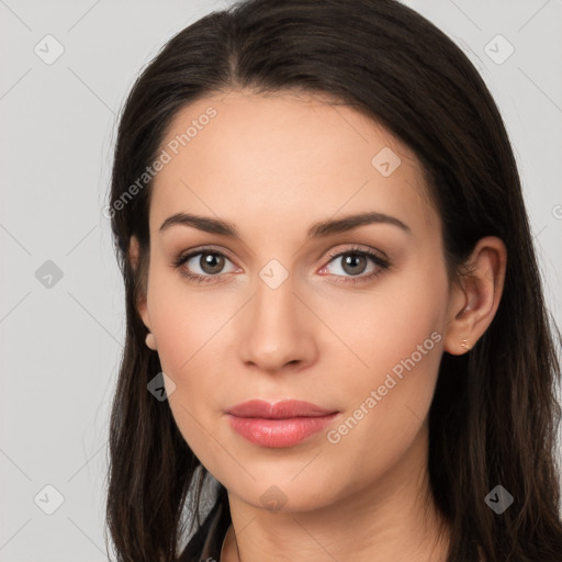 Neutral white young-adult female with long  brown hair and brown eyes