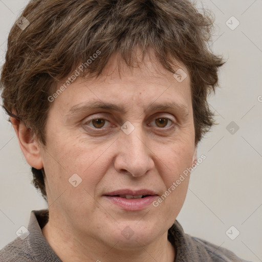 Joyful white adult male with short  brown hair and grey eyes